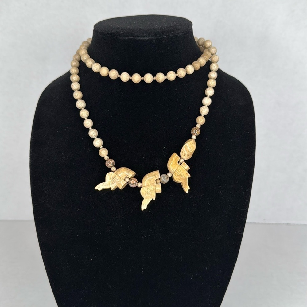 Vintage Estate Stone & Bead Long Necklace Elephant Cream Lot A46